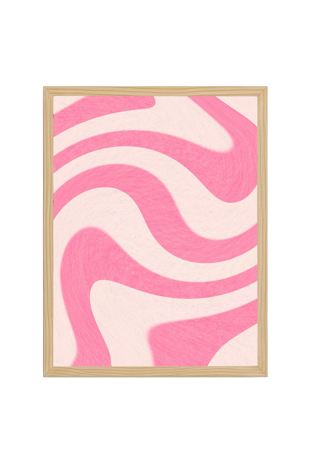 Doğal Ahşap Çerçeveli Retro Soyut Dalga Desenli Tablo - Pastel Pembe | huhu2639