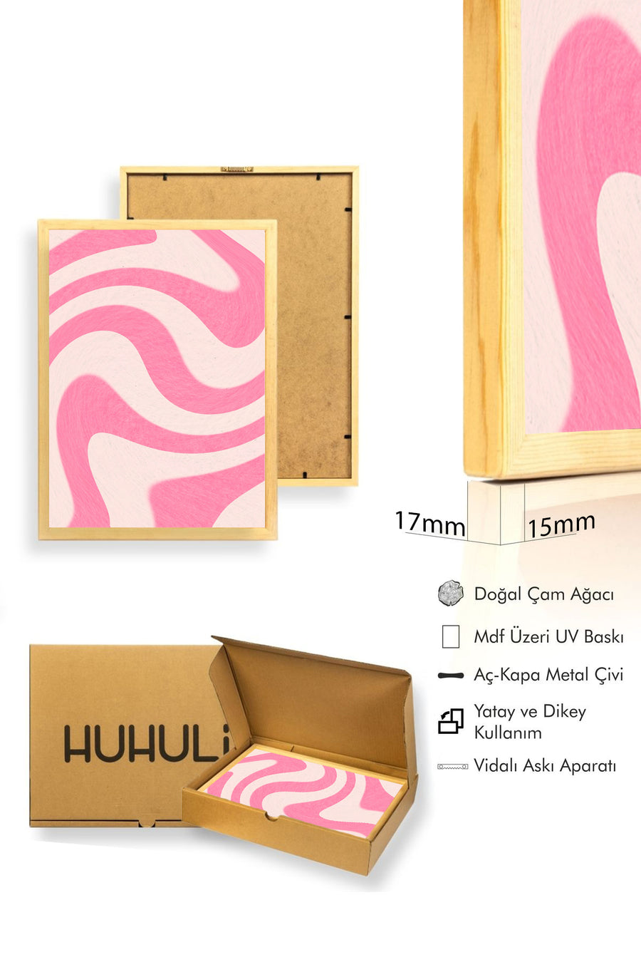 Doğal Ahşap Çerçeveli Retro Soyut Dalga Desenli Tablo - Pastel Pembe | huhu2639