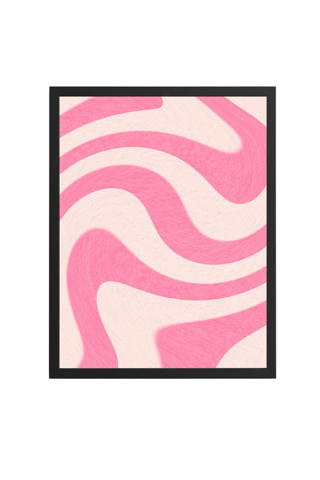 Doğal Ahşap Çerçeveli Retro Soyut Dalga Desenli Tablo - Pastel Pembe | huhu2639
