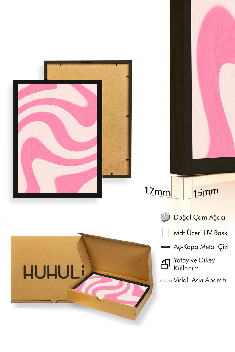 Doğal Ahşap Çerçeveli Retro Soyut Dalga Desenli Tablo - Pastel Pembe | huhu2639