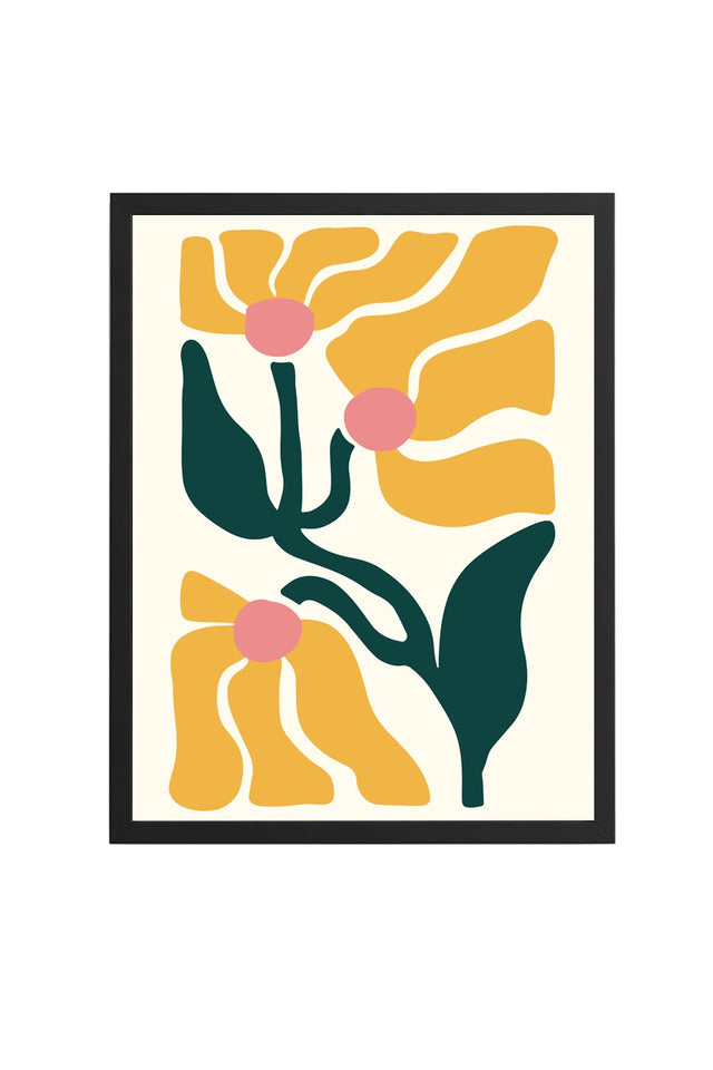 Doğal Ahşap Çerçeveli Retro Çiçek Tablo - Soyut Floral Desenli | huhu2645