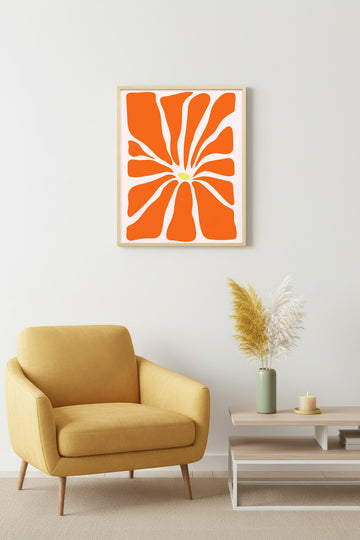 Doğal Ahşap Çerçeveli Retro Pop Art Tablo - Turuncu Soyut Çiçek Desenli | huhu2647