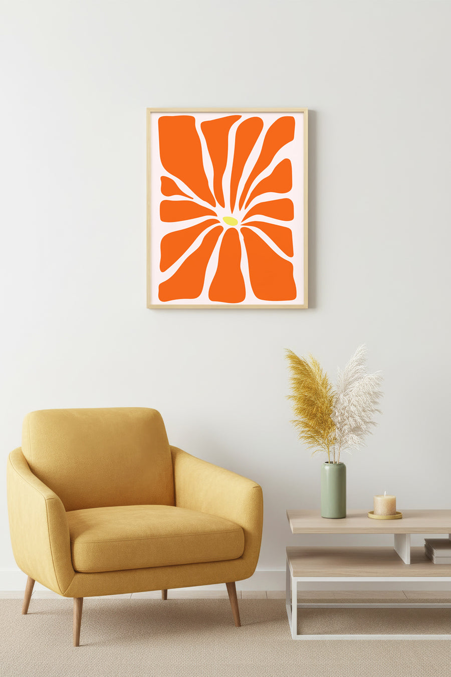 Doğal Ahşap Çerçeveli Retro Pop Art Tablo - Turuncu Soyut Çiçek Desenli | huhu2647