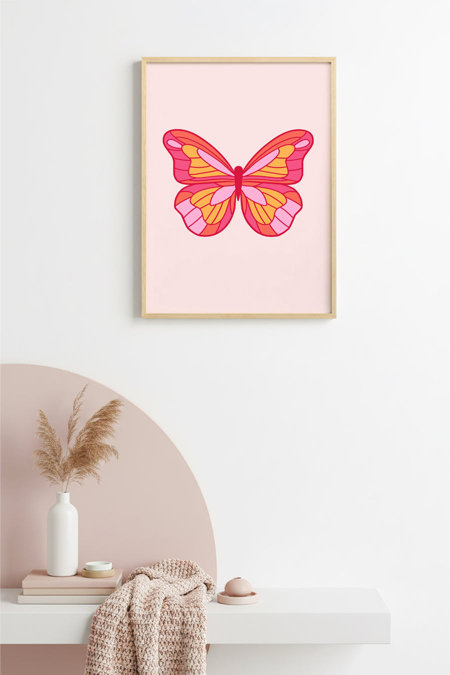 Doğal Ahşap Çerçeveli Retro Kelebek Tablo - Pop Art Desenli | huhu2648