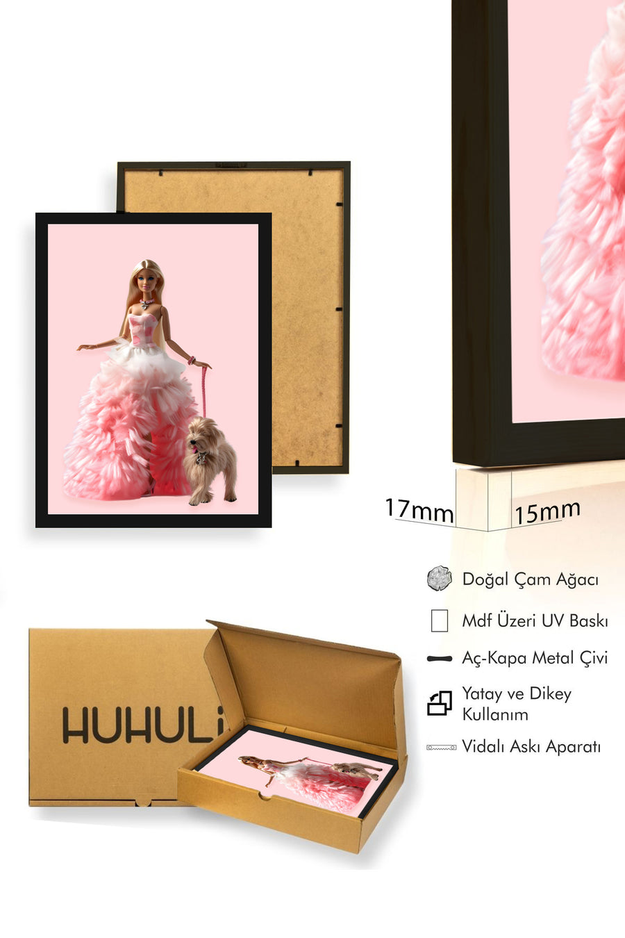 Doğal Ahşap Çerçeveli Retro Tablo - Pembe Vintage Stil | huhu2649