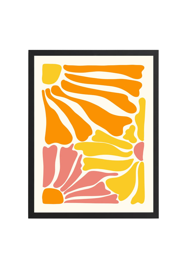 Doğal Ahşap Çerçeveli Abstract Retro Tablo - Canlı Turuncu Sarı Soyut Desen | huhu2652