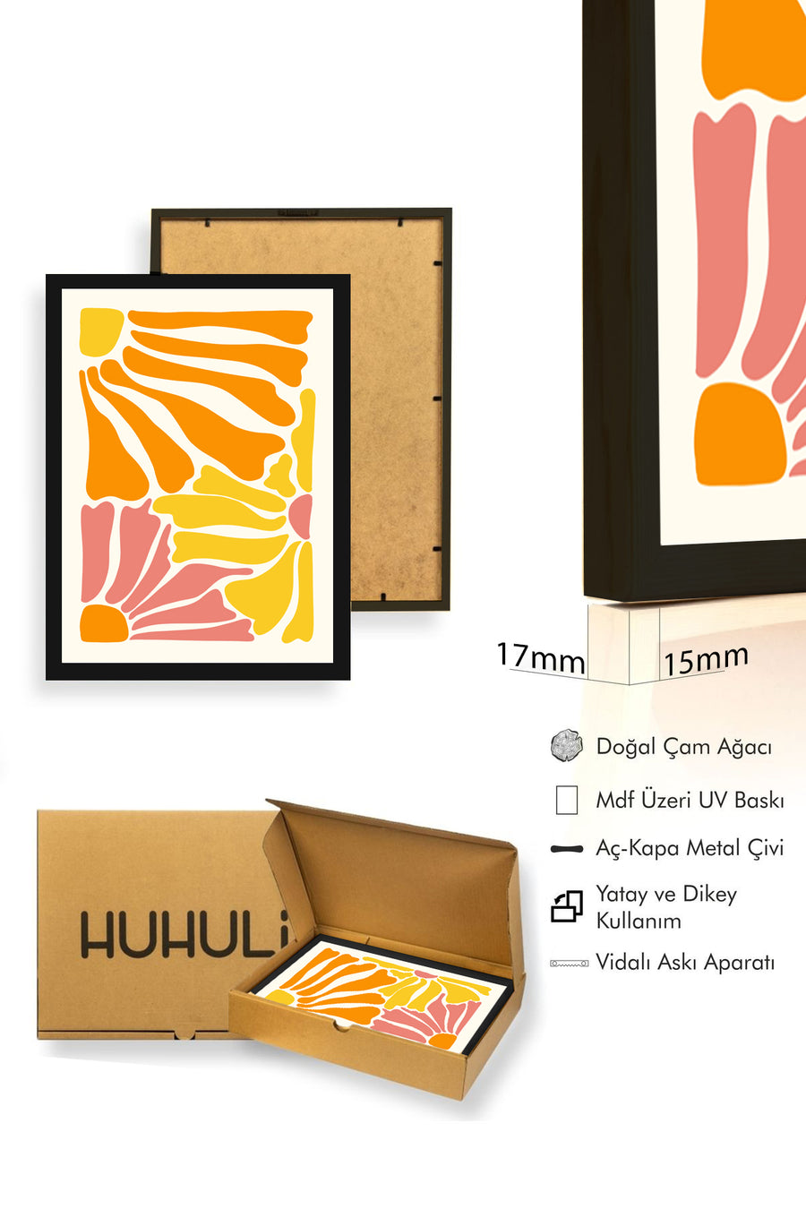 Doğal Ahşap Çerçeveli Abstract Retro Tablo - Canlı Turuncu Sarı Soyut Desen | huhu2652