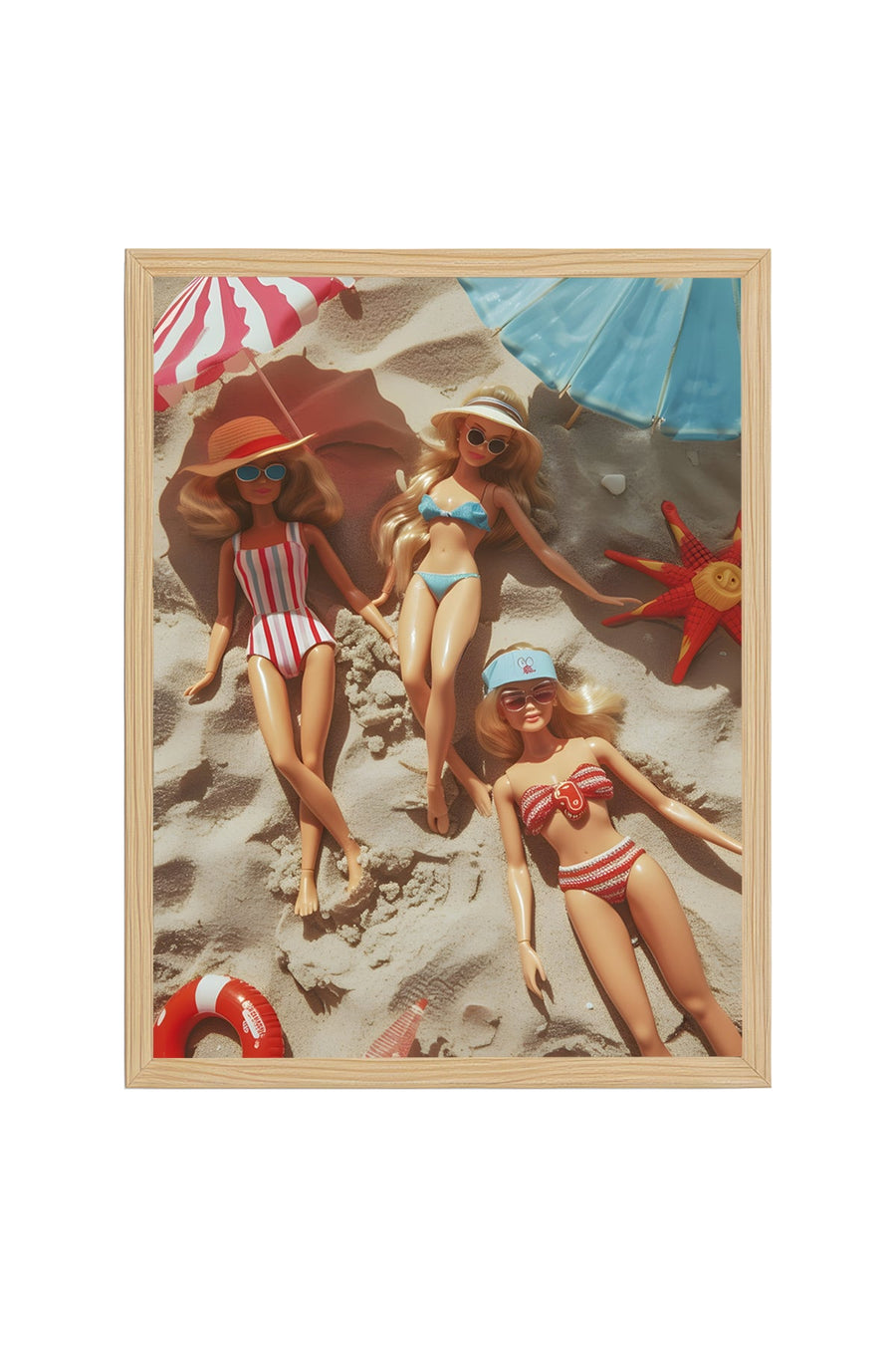 Doğal Ahşap Çerçeveli Retro Tablo - Vintage Yaz Plaj Mannekeni | huhu2653