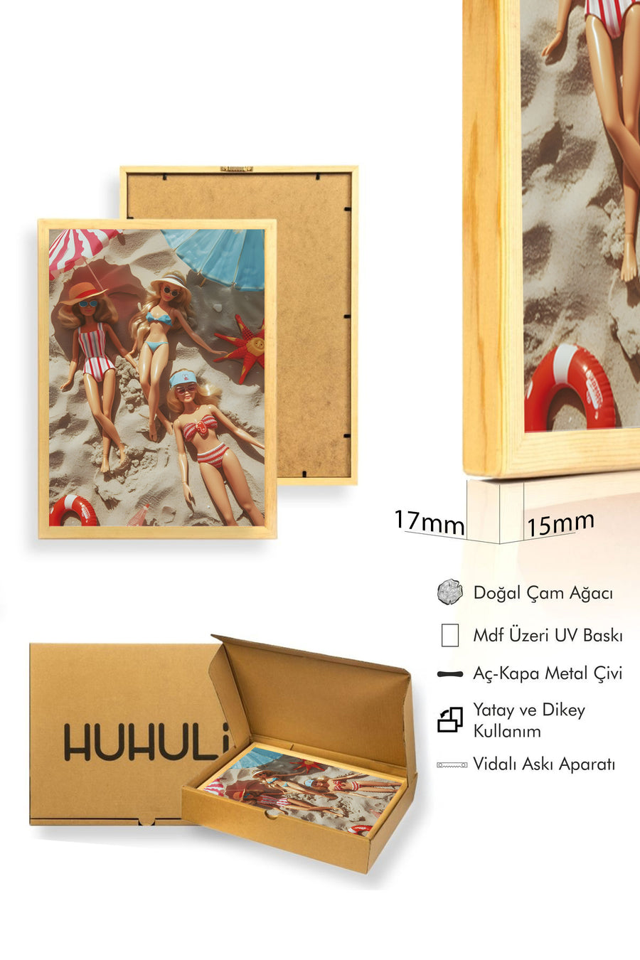 Doğal Ahşap Çerçeveli Retro Tablo - Vintage Yaz Plaj Mannekeni | huhu2653