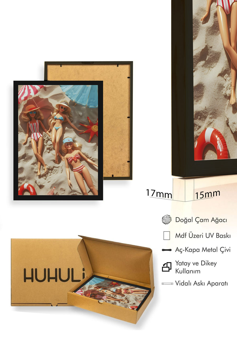 Doğal Ahşap Çerçeveli Retro Tablo - Vintage Yaz Plaj Mannekeni | huhu2653