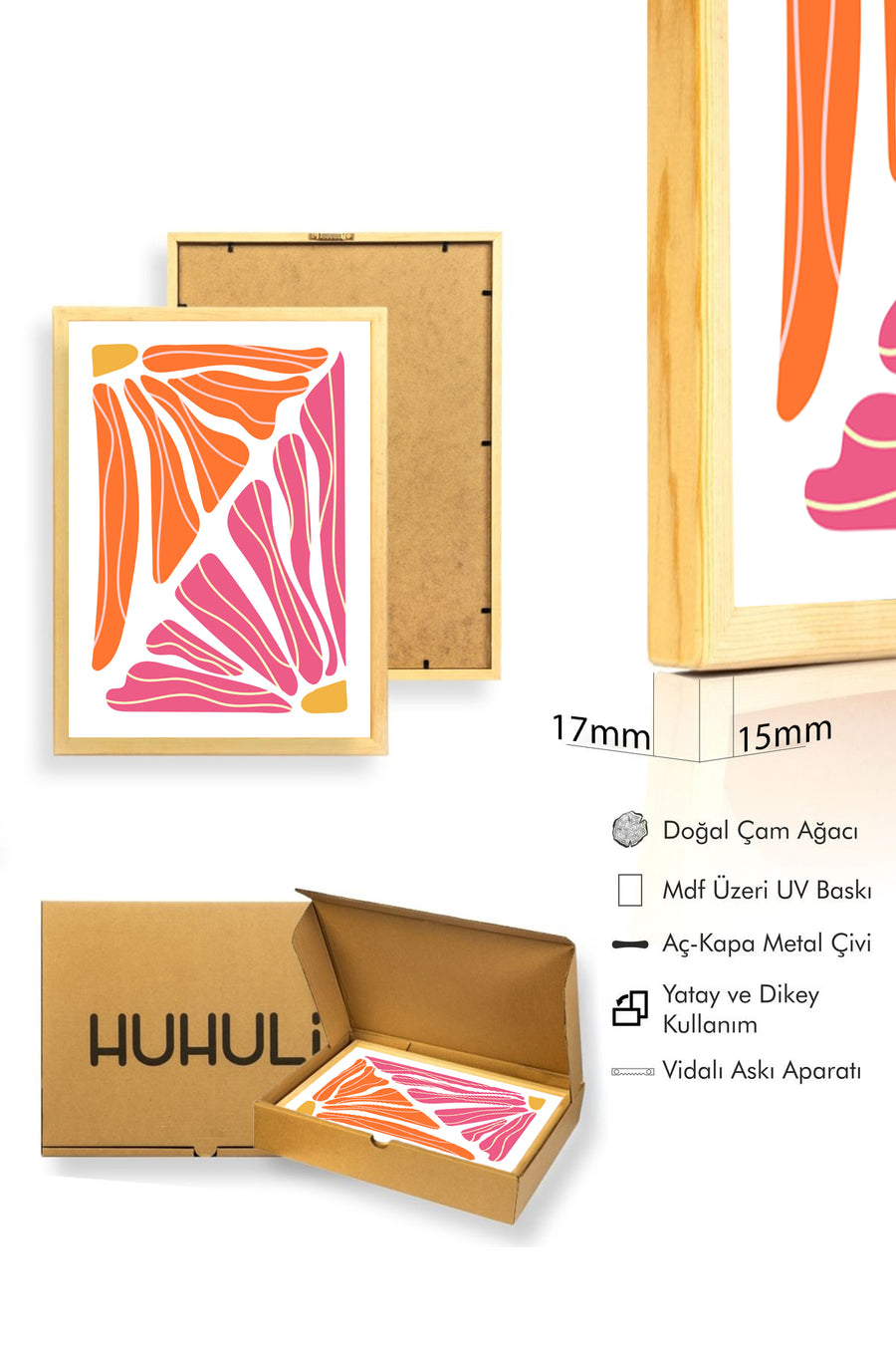 Doğal Ahşap Çerçeveli Retro Soyut Formlar Tablo - Turuncu Pembe Tonlar | huhu2657
