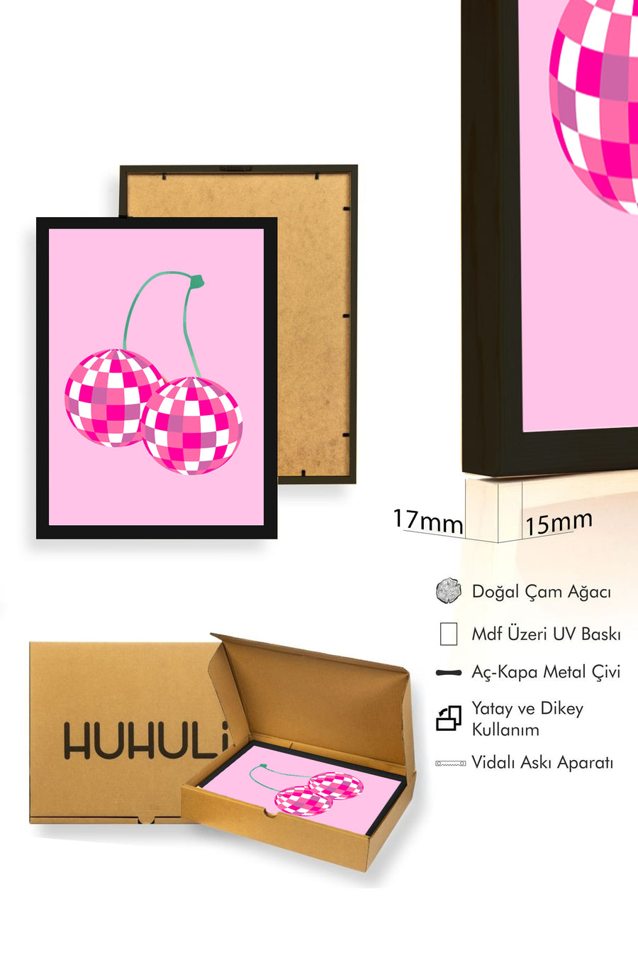 Doğal Ahşap Çerçeveli Retro Tablo - Pembe Beyaz Kareli Pop Art Tasarım | huhu2658