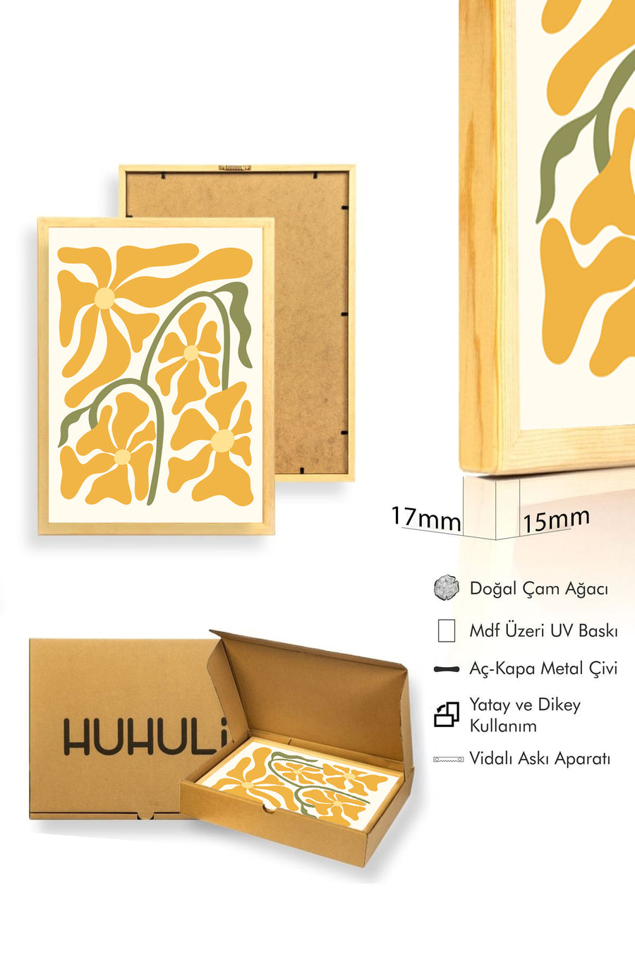 Doğal Ahşap Çerçeveli Retro Floral Tablo - Sarı Yeşil Tonlar | huhu2660