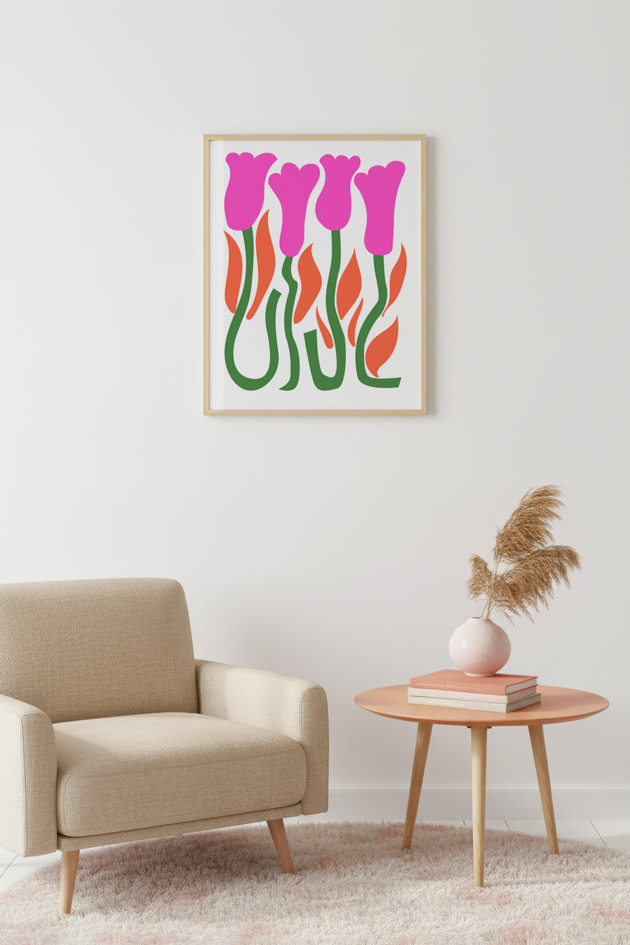 Doğal Ahşap Çerçeveli Tablo - Retro Çiçek Desenli - Pembe Tonlar | huhu2661