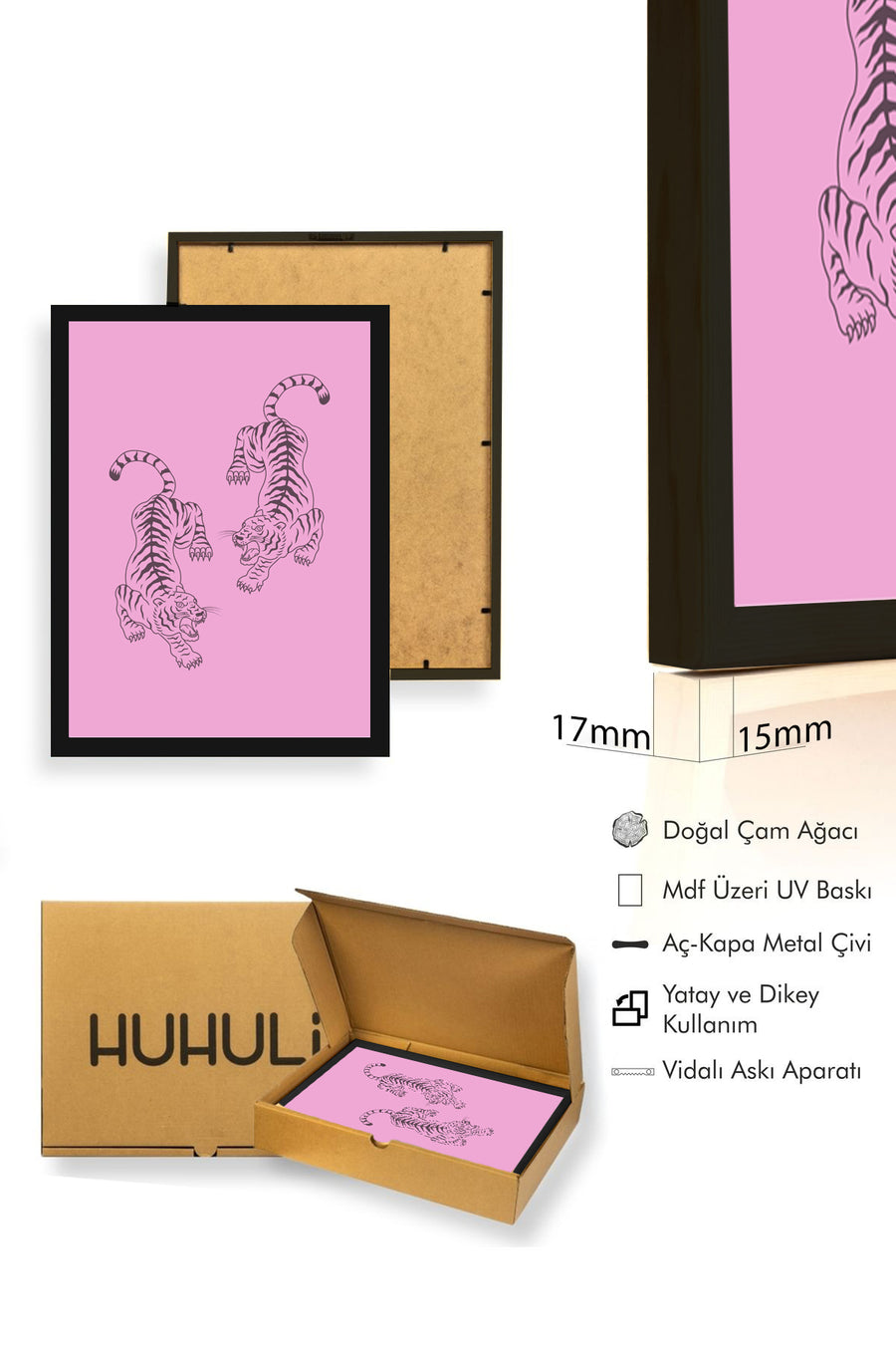 Doğal Ahşap Çerçeveli Retro Tablo - Kaplan Desenli Vintage Hayvan | huhu2662