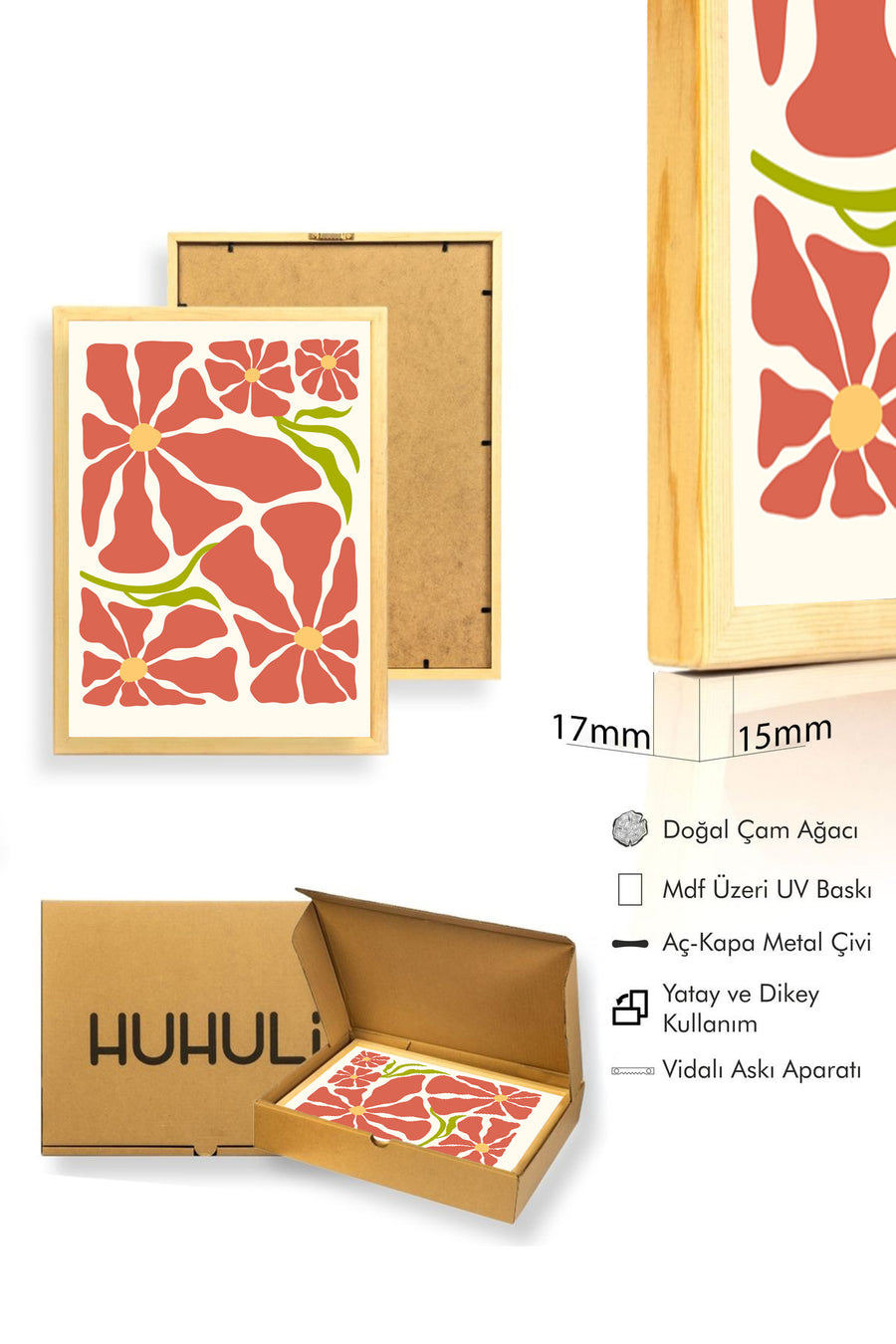 Doğal Ahşap Çerçeveli Retro Floral Tablo - Boho Çiçek Desenli | huhu2664