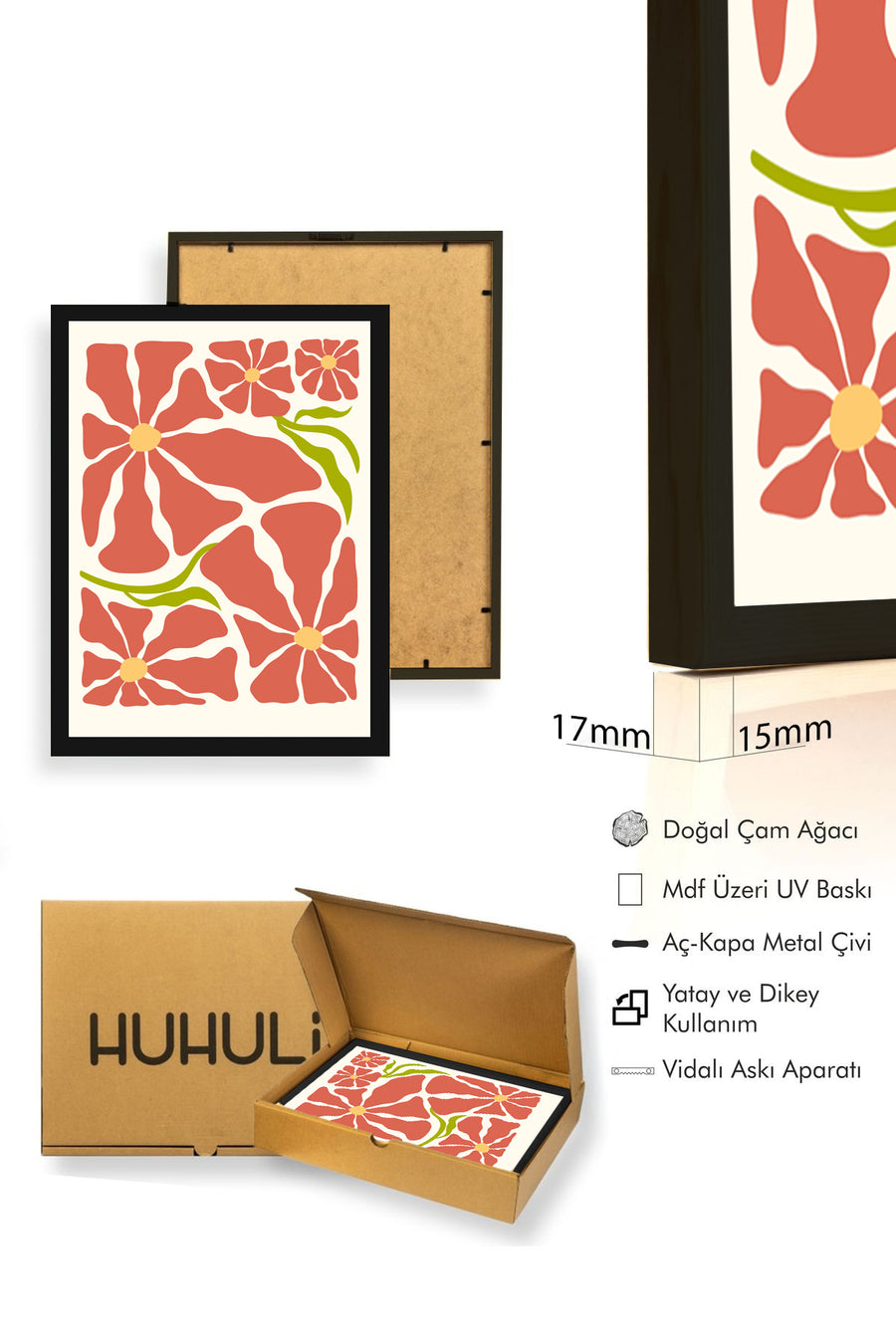 Doğal Ahşap Çerçeveli Retro Floral Tablo - Boho Çiçek Desenli | huhu2664