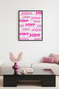 Doğal Ahşap Çerçeveli Retro Soyut Tablo - Pembe XOXO Desenli | huhu2666