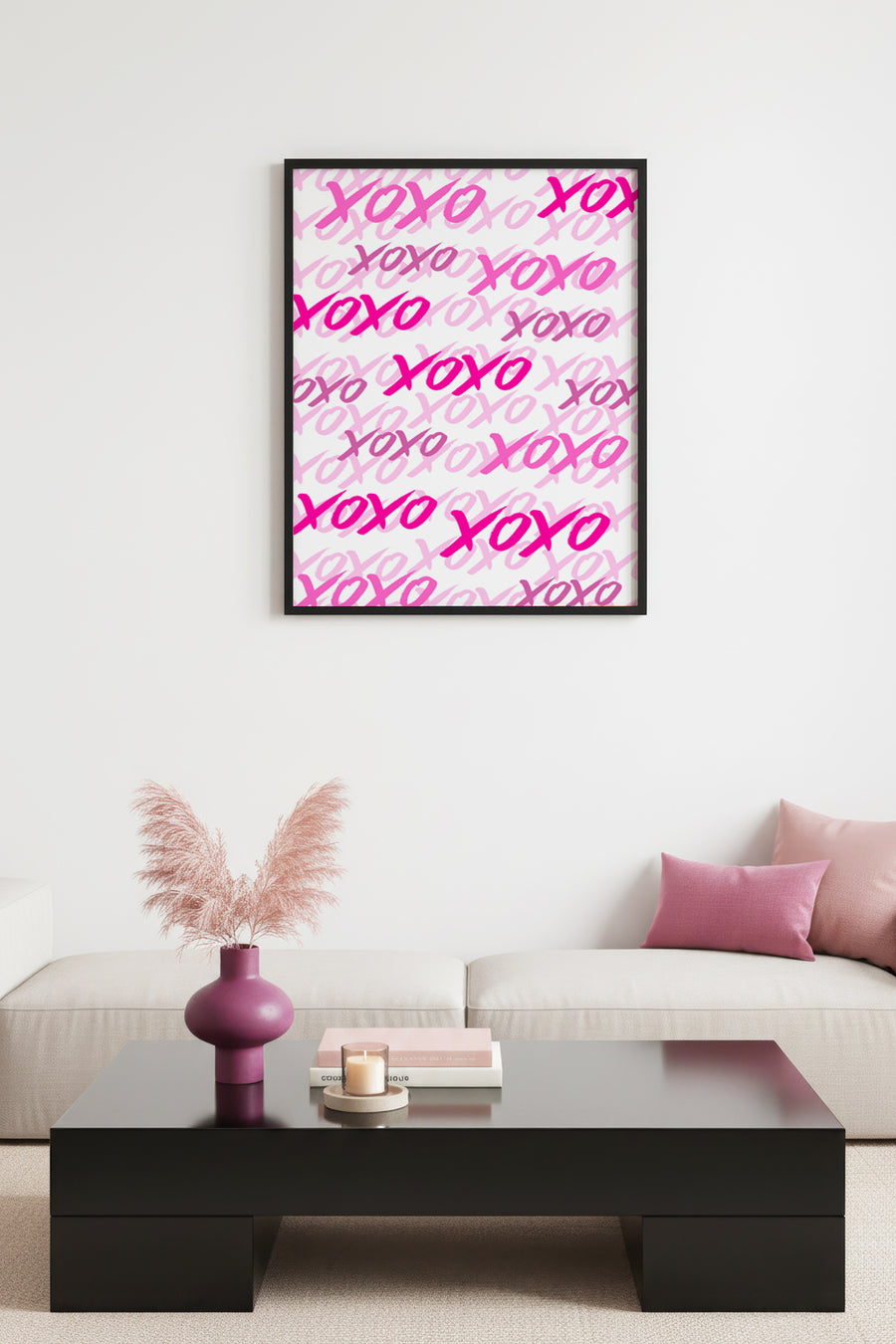 Doğal Ahşap Çerçeveli Retro Soyut Tablo - Pembe XOXO Desenli | huhu2666
