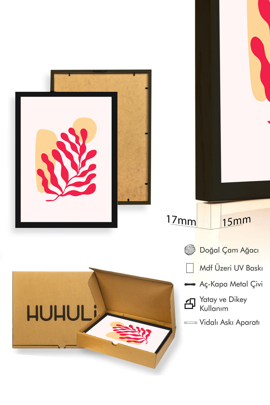Doğal Ahşap Çerçeveli Büyük Yaprak Desenli Retro Tablo - Canlı Kırmızı Tonlar | huhu2667
