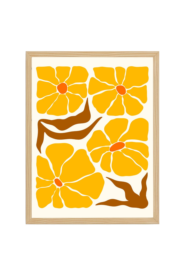 Doğal Ahşap Çerçeveli Retro Floral Tablo - Canlı Sarı Çiçek Desenli | huhu2668