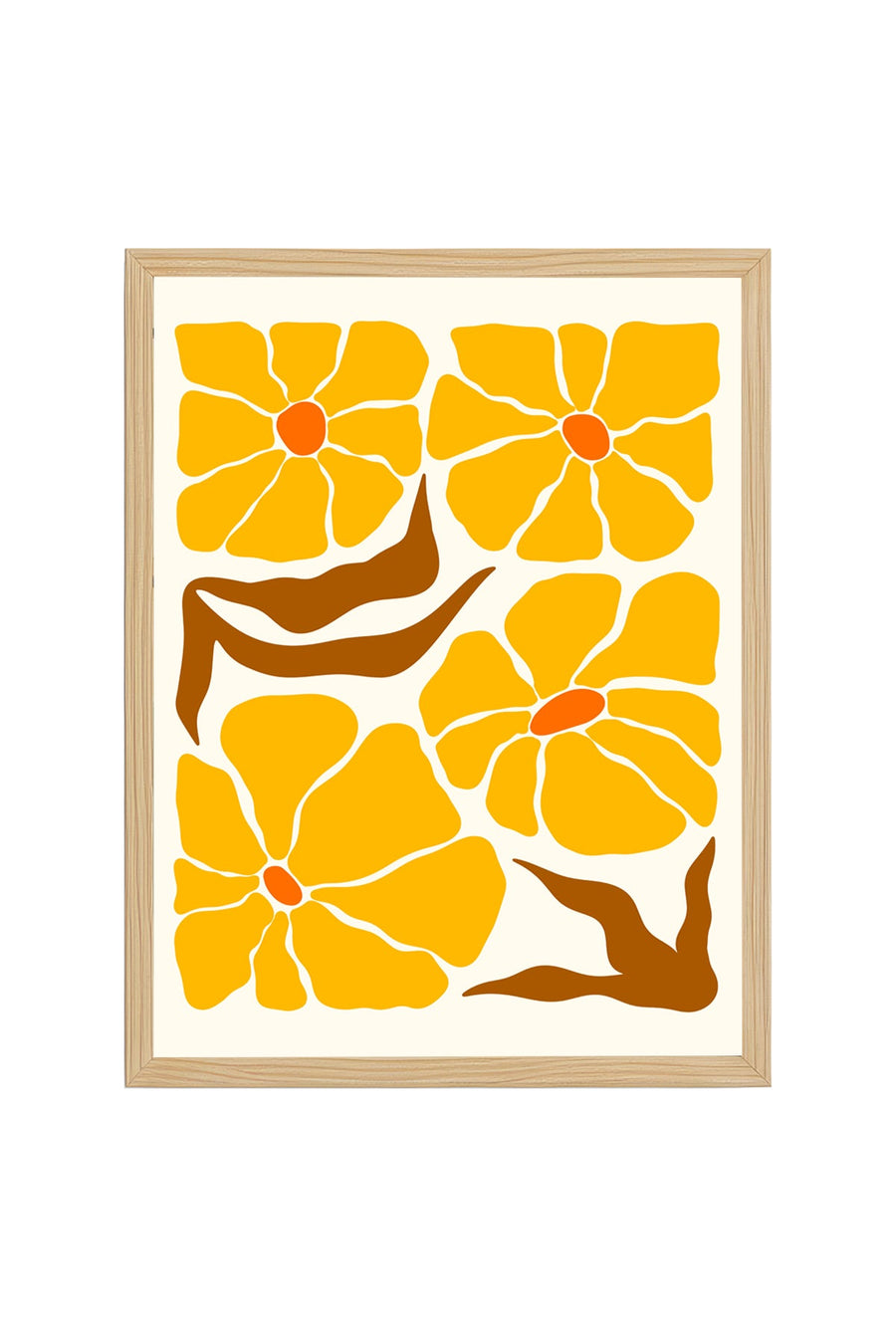 Doğal Ahşap Çerçeveli Retro Floral Tablo - Canlı Sarı Çiçek Desenli | huhu2668