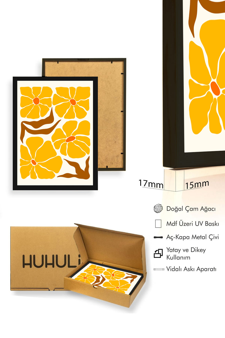 Doğal Ahşap Çerçeveli Retro Floral Tablo - Canlı Sarı Çiçek Desenli | huhu2668