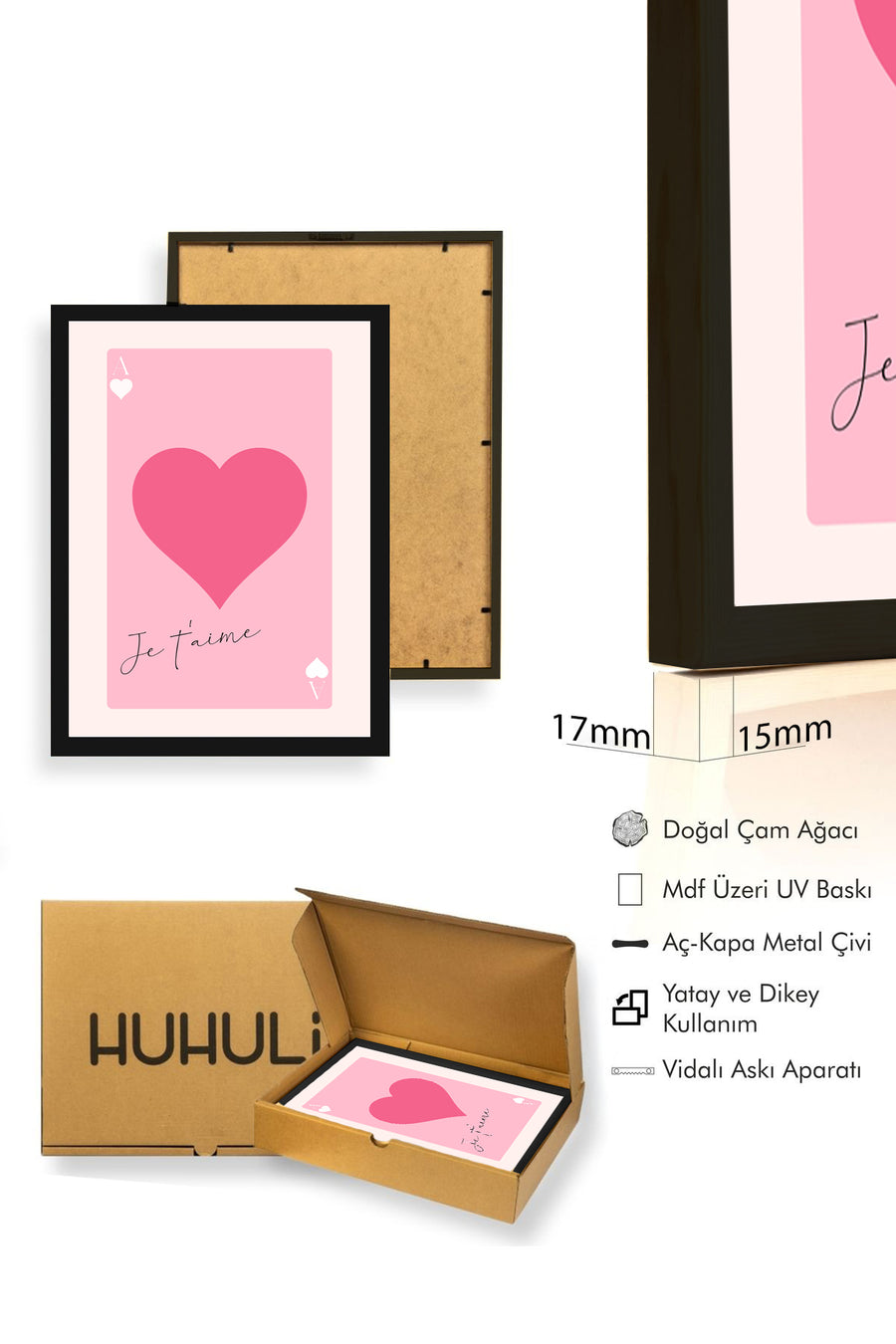 Doğal Ahşap Çerçeveli Kalp Desenli Tablo - Romantik Pembe Tonlar | huhu2670