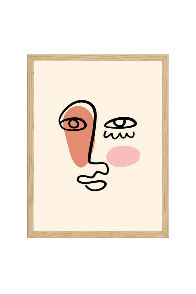 Doğal Ahşap Çerçeveli Soyut Yüz Portresi Tablo - Minimalist Line Art | huhu2671