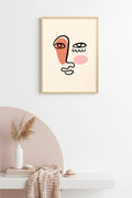 Doğal Ahşap Çerçeveli Soyut Yüz Portresi Tablo - Minimalist Line Art | huhu2671