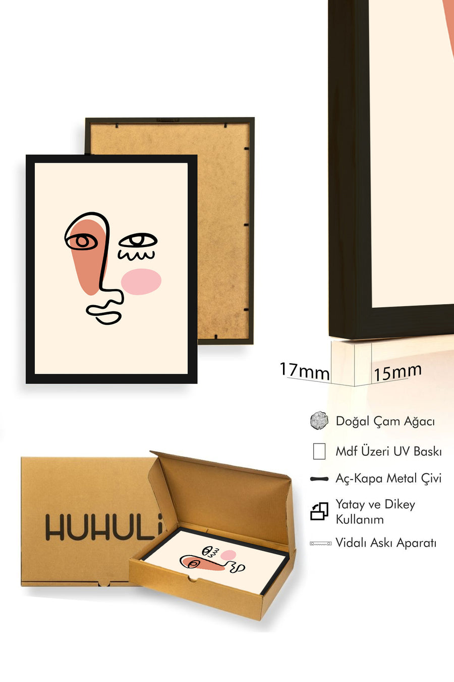 Doğal Ahşap Çerçeveli Soyut Yüz Portresi Tablo - Minimalist Line Art | huhu2671