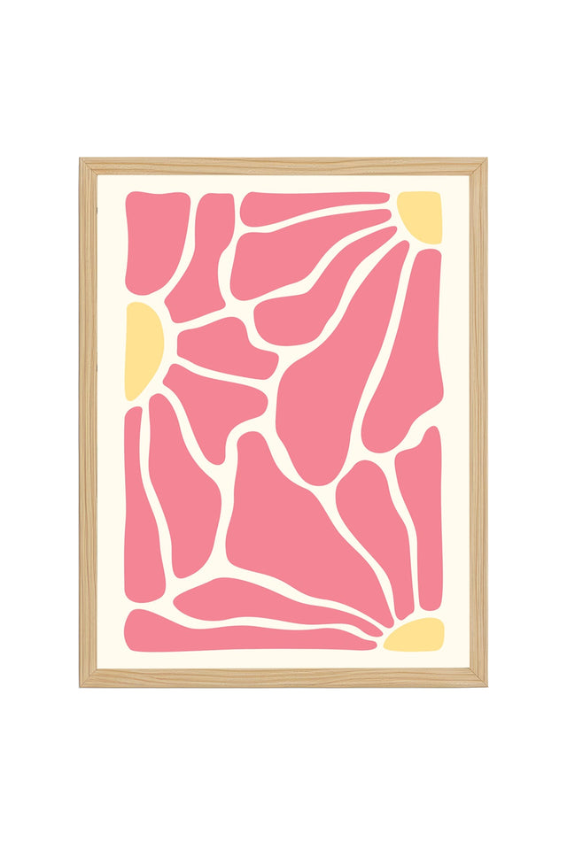 Doğal Ahşap Çerçeveli Soyut Tablo - Mercan Pembe Geometrik Desen | huhu2672