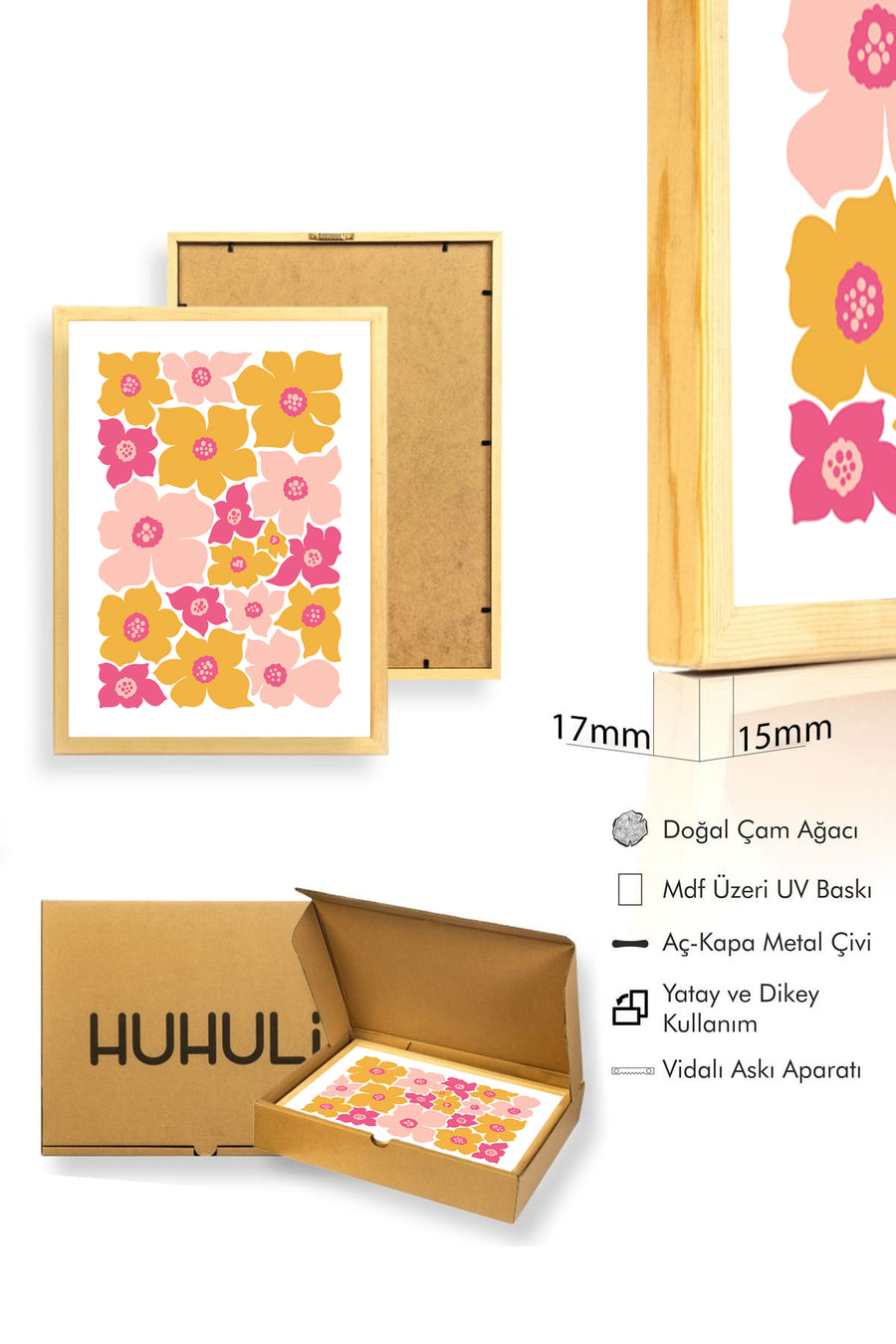 Doğal Ahşap Çerçeveli Retro Çiçek Tablo - Vintage Pembe Sarı Desen | huhu2673