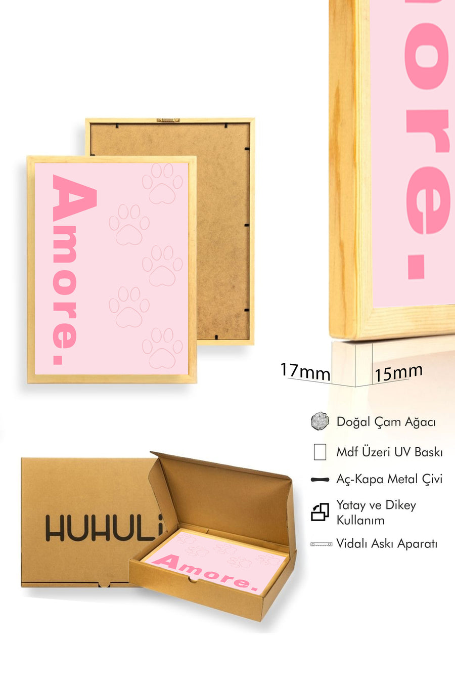 Doğal Ahşap Çerçeveli Retro Tablo - Amore Pati İzleri Pastel Tonlar | huhu2674