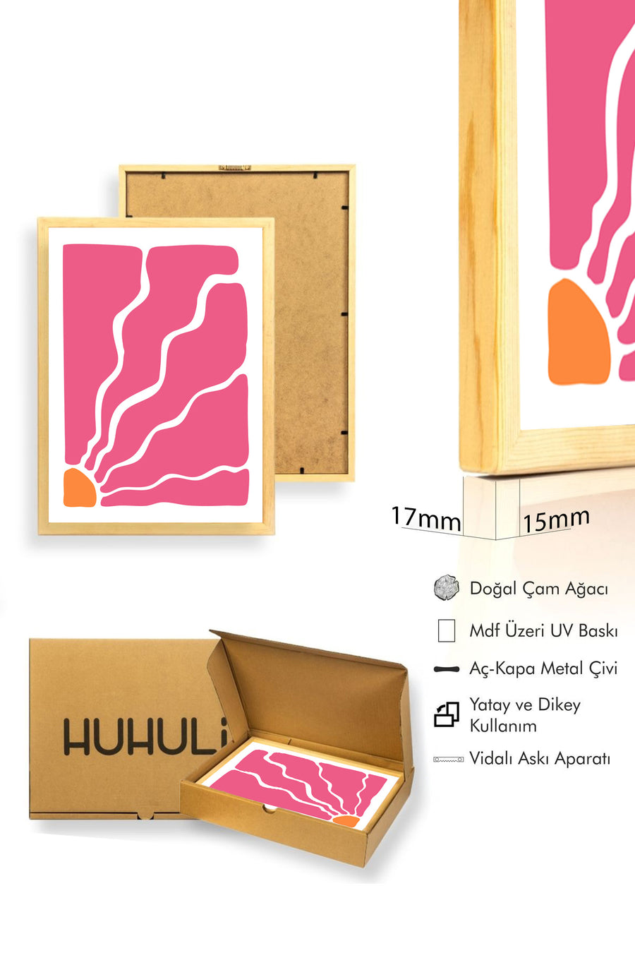 Doğal Ahşap Çerçeveli Retro Soyut Tablo - Coral Pembe Tonlar | huhu2676