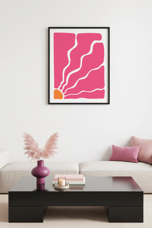 Doğal Ahşap Çerçeveli Retro Soyut Tablo - Coral Pembe Tonlar | huhu2676