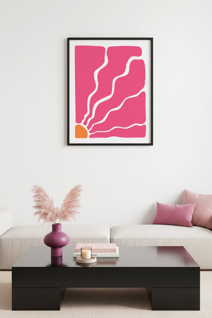 Doğal Ahşap Çerçeveli Retro Soyut Tablo - Coral Pembe Tonlar | huhu2676