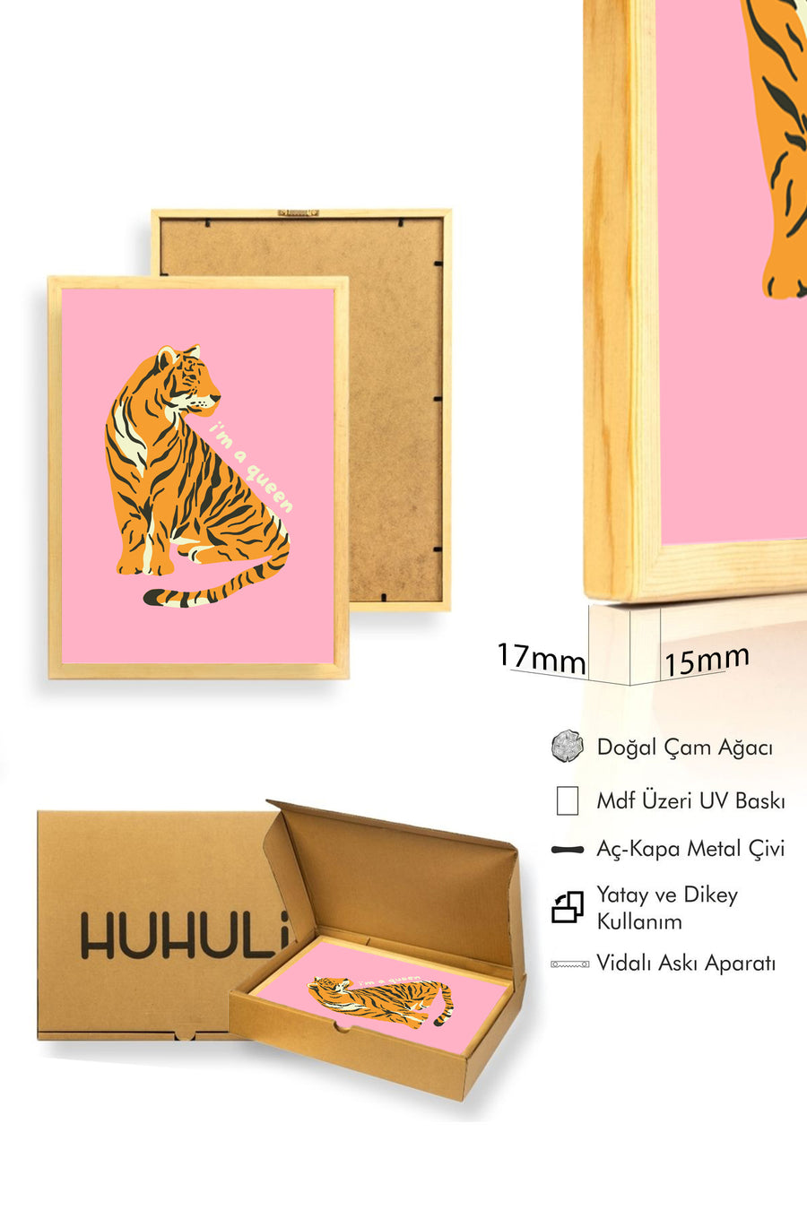 Doğal Ahşap Çerçeveli Retro Kaplan Queen Tablo - Tropikal Desenli | huhu2677