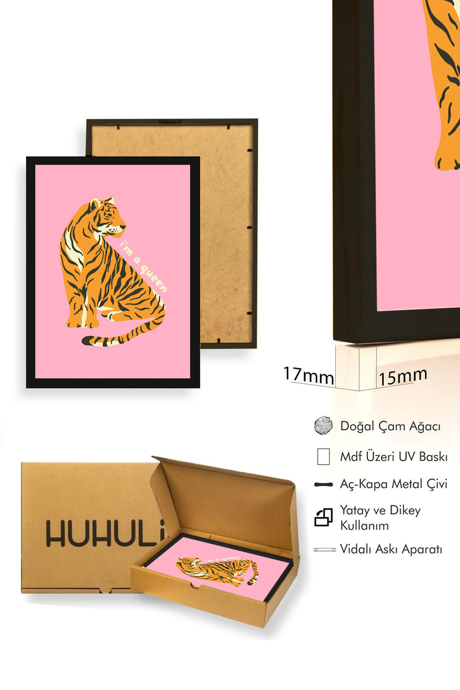 Doğal Ahşap Çerçeveli Retro Kaplan Queen Tablo - Tropikal Desenli | huhu2677
