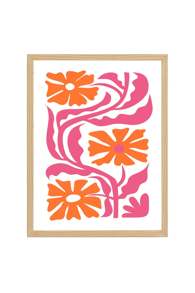 Doğal Ahşap Çerçeveli Retro Floral Tablo - Turuncu Pembe Çiçek Desenli | huhu2678
