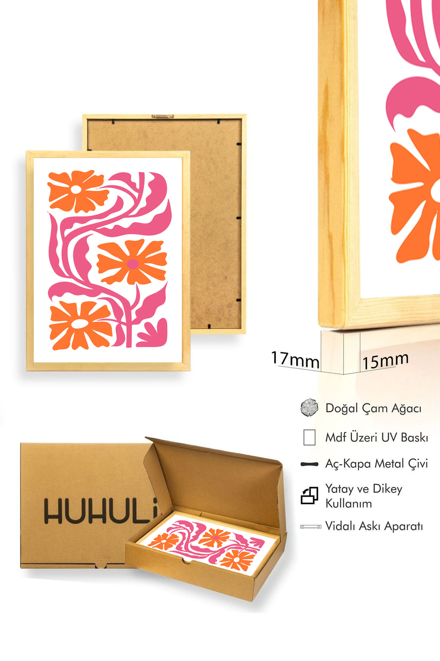 Doğal Ahşap Çerçeveli Retro Floral Tablo - Turuncu Pembe Çiçek Desenli | huhu2678