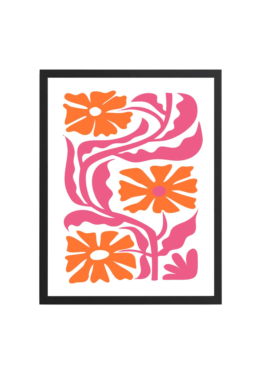 Doğal Ahşap Çerçeveli Retro Floral Tablo - Turuncu Pembe Çiçek Desenli | huhu2678