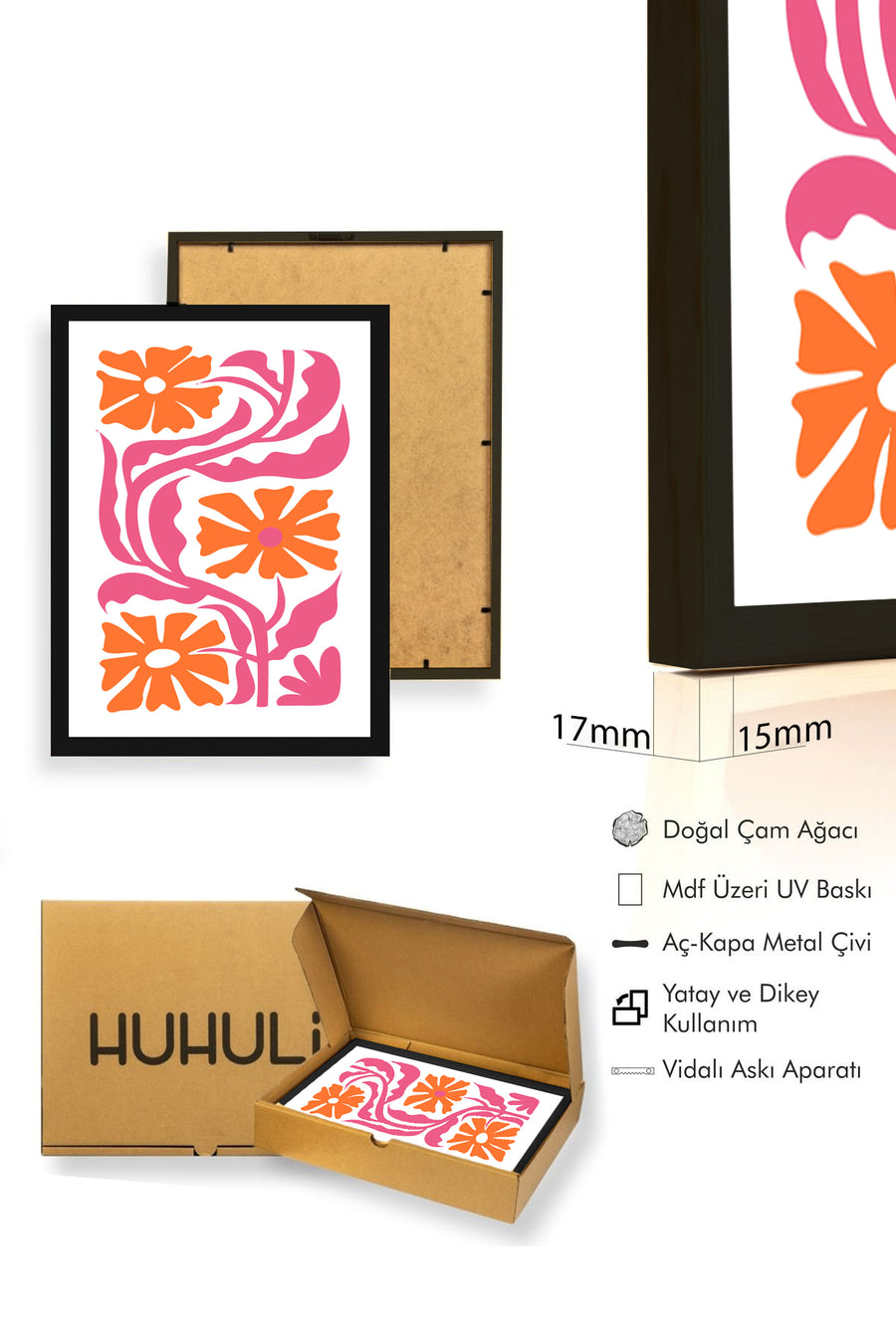 Doğal Ahşap Çerçeveli Retro Floral Tablo - Turuncu Pembe Çiçek Desenli | huhu2678