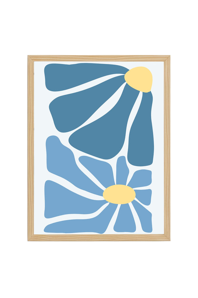 Doğal Ahşap Çerçeveli Retro Floral Tablo - Soyut Mavi Çiçek Desenli | huhu2679