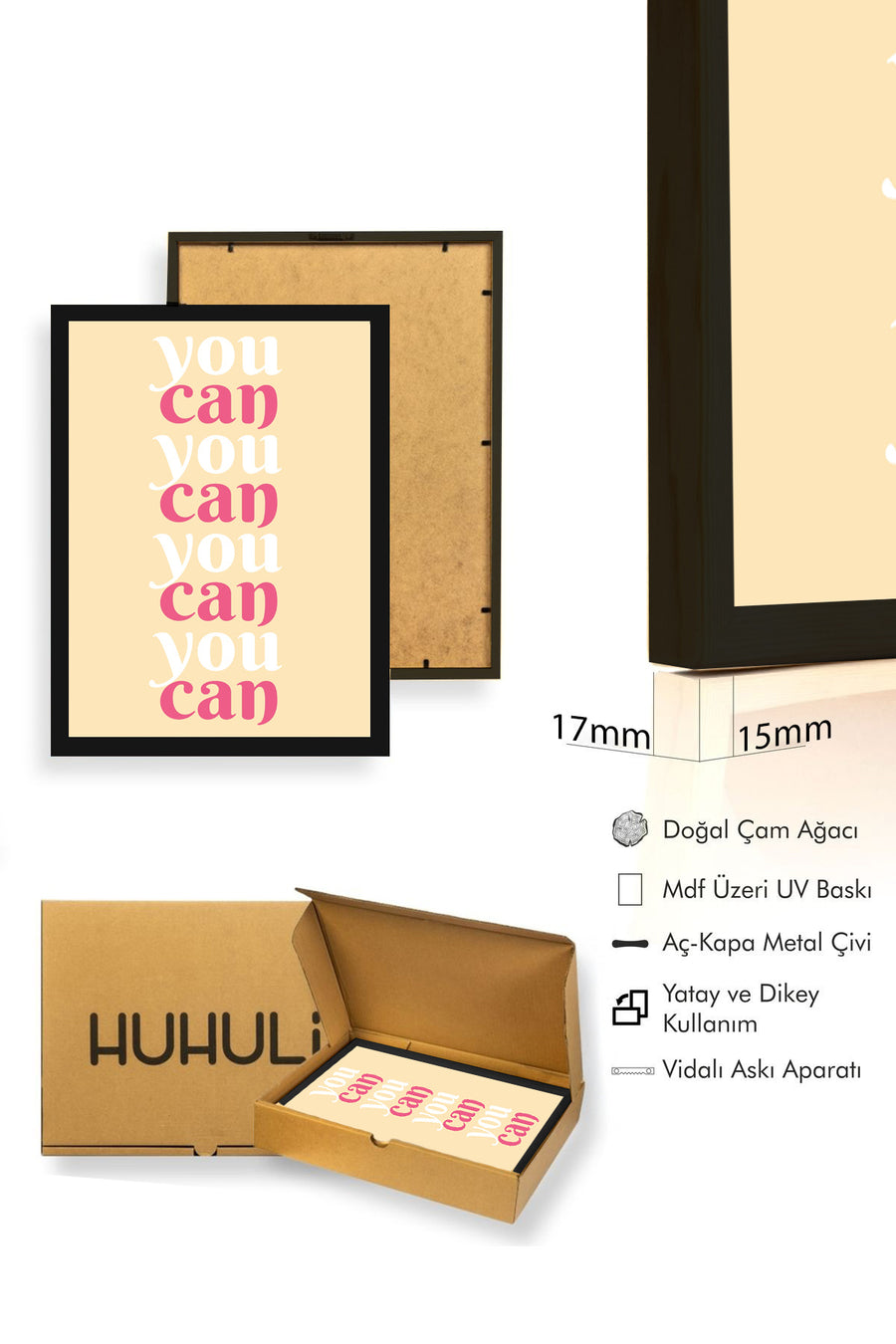 Doğal Ahşap Çerçeveli Retro Tablo - Pembe You Can Yazılı Tipografi | huhu2680