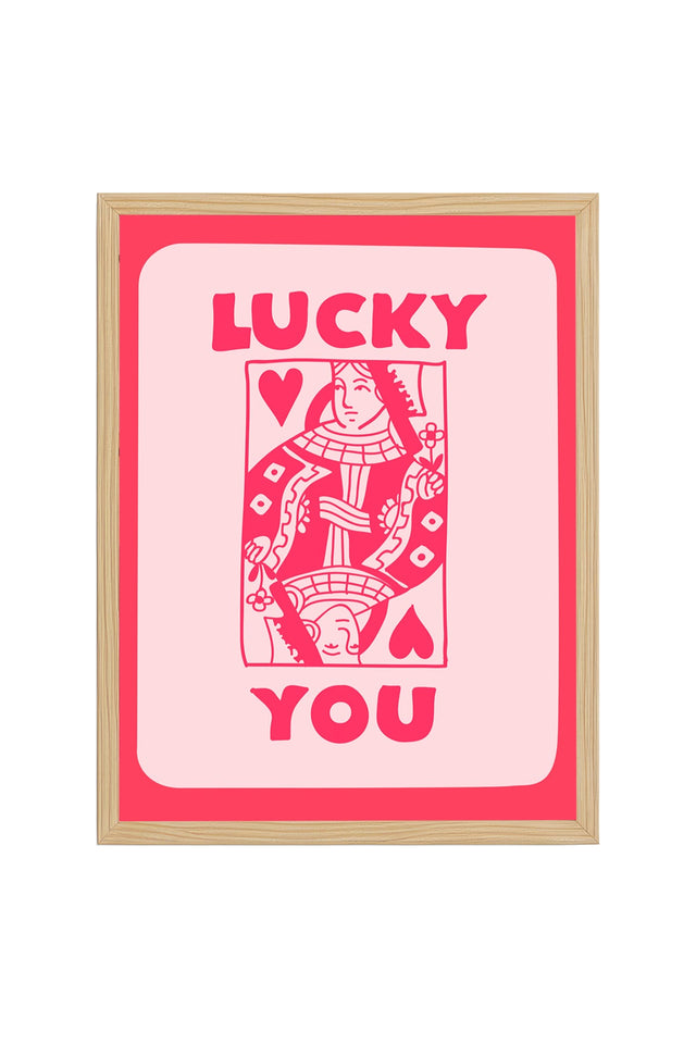 Doğal Ahşap Çerçeveli Retro Pop Art Tablo - Lucky You Kadın İllüstrasyonu | huhu2681