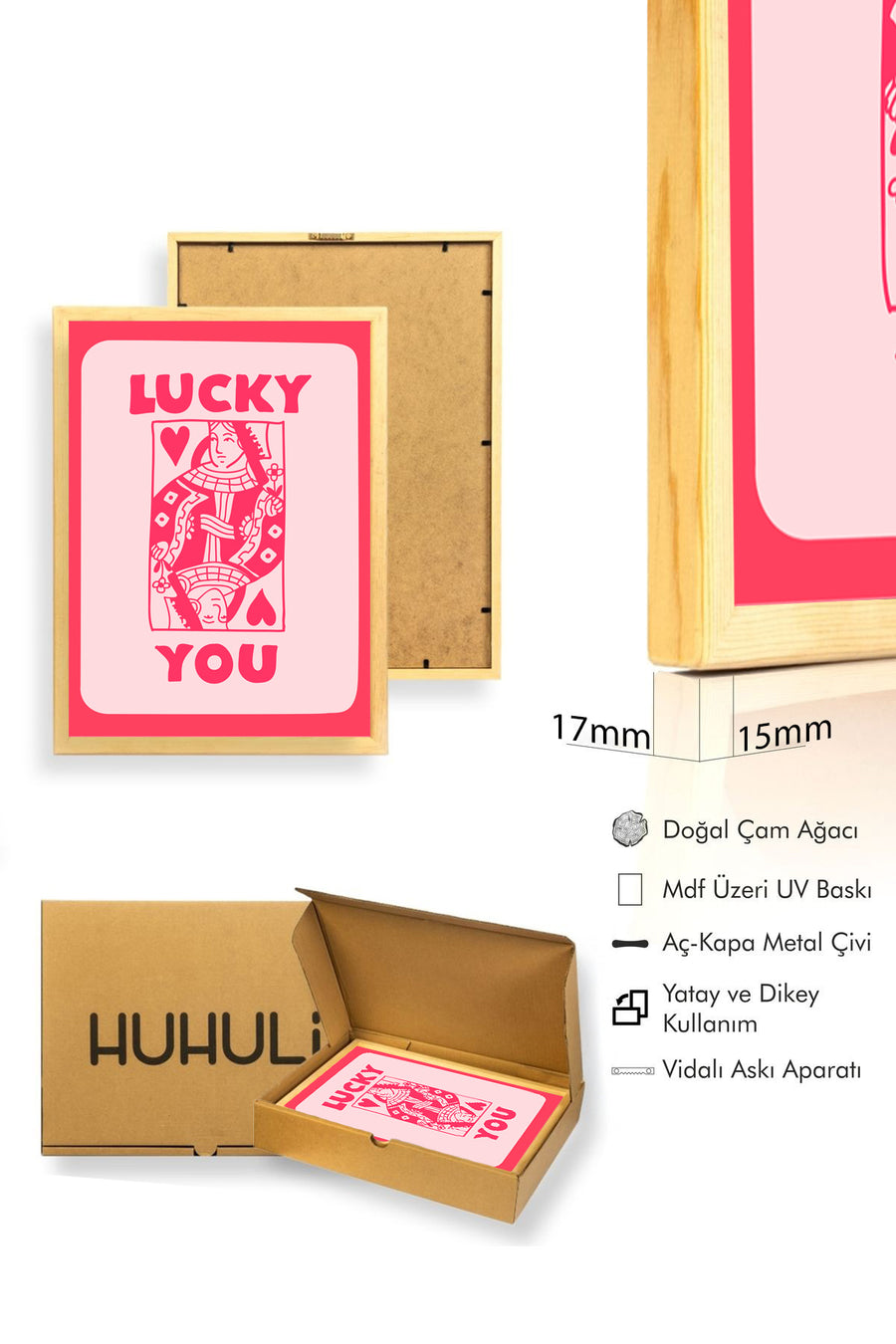 Doğal Ahşap Çerçeveli Retro Pop Art Tablo - Lucky You Kadın İllüstrasyonu | huhu2681