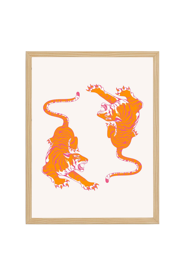 Doğal Ahşap Çerçeveli Retro Kaplan Tablo - Canlı Pop Art Sanat | huhu2683