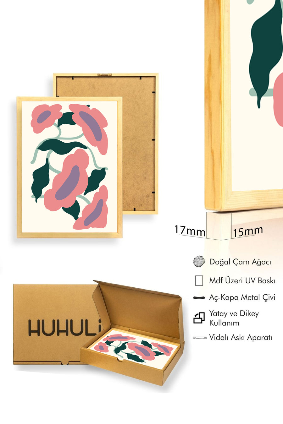 Doğal Ahşap Çerçeveli Retro Floral Tablo - Pembe Yeşil Çiçek Desenli | huhu2688