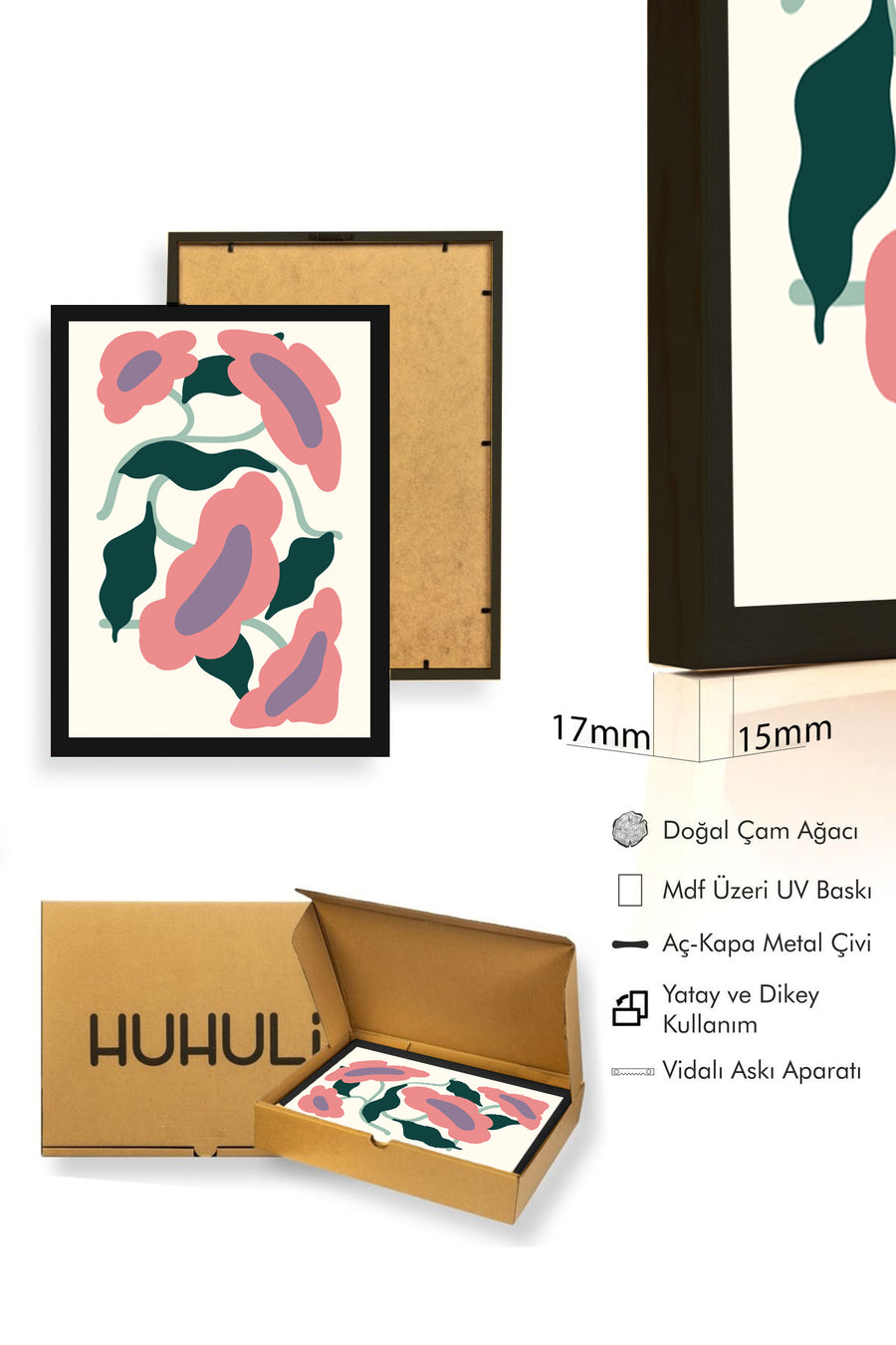 Doğal Ahşap Çerçeveli Retro Floral Tablo - Pembe Yeşil Çiçek Desenli | huhu2688